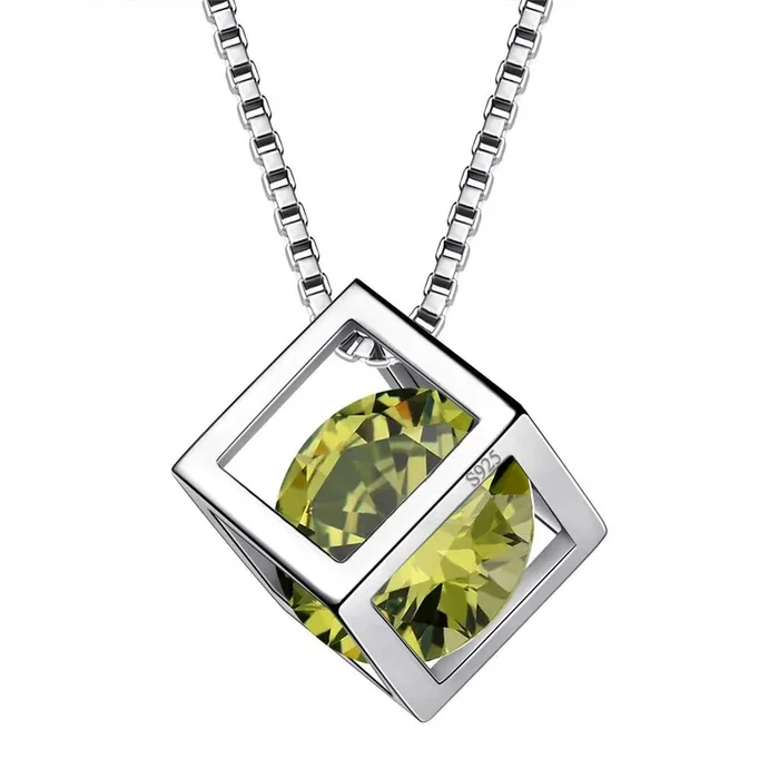 3D-Würfel-Geburtsstein August Peridot Halskette Anhänger Frauen Mädchen Schmuck Geburtstagsgeschenk Sterling Silber