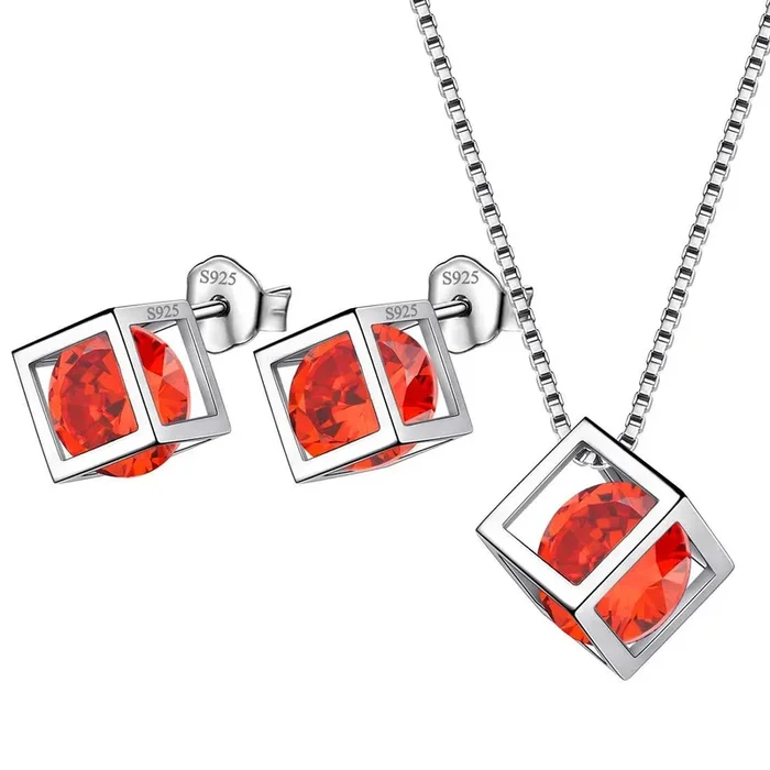 3D-Würfel-Geburtsstein-Schmuckset mit Januar-Granat, 3-teilig, für Damen und Mädchen, Geburtstagsgeschenk