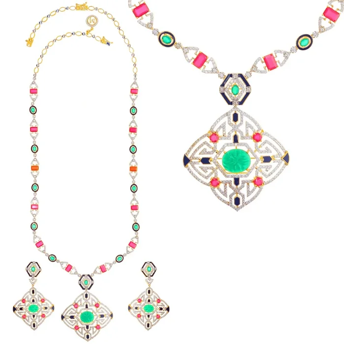 4.76Ct VS/GHI Diamond Patta Haaram With Gemstones in 18K Gold