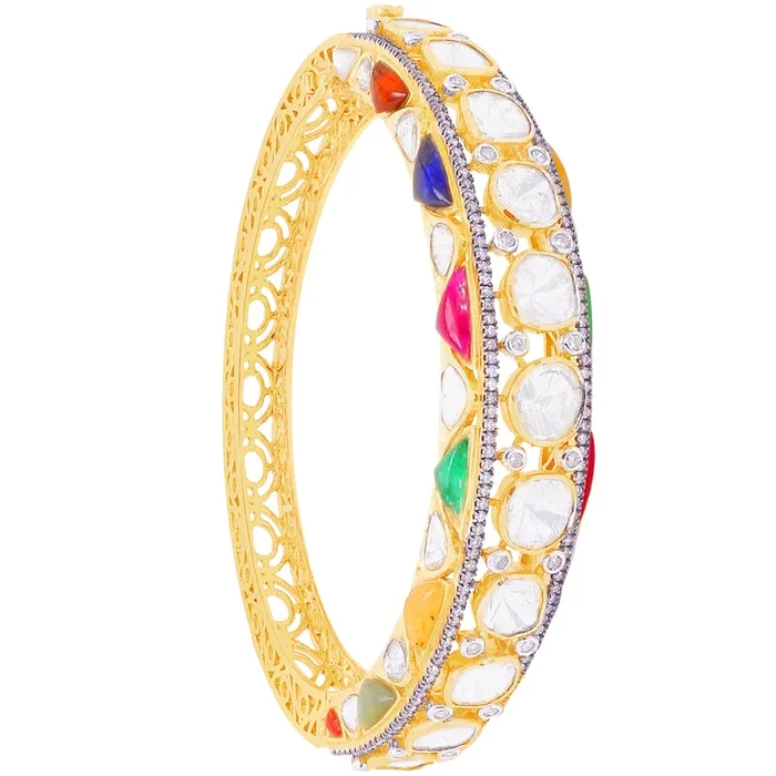 5.26CTW Rose Cut Diamond Bangle Bracelet With Navratan in 14K Gold