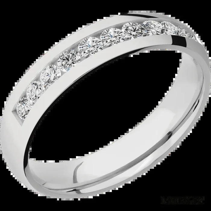5 mm wide/Domed/Cobalt Chrome band with a Half Eternity arrangement of .07 carat Round Diamond stones in a Channel setting.