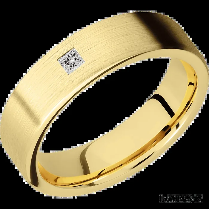 6 mm wide/Flat/14K Yellow Gold band with an arrangement of 1, .1 carat Princess Diamond stones in a Flush setting.