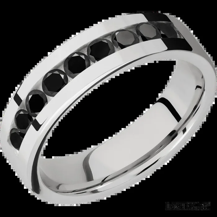 6 mm wide/Flat/Cobalt Chrome band with an arrangement of 9, .1 carat Round Black Diamond stones in a Channel setting.