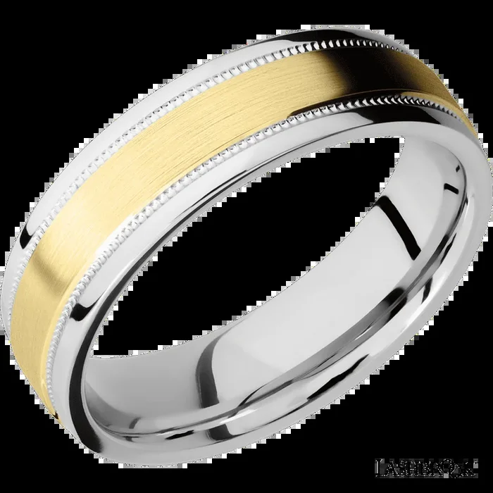 6 mm wide/Flat Stepped Edges Milgrain/Cobalt Chrome band with one 3 mm Raised Centered inlay of 14K Yellow Gold.