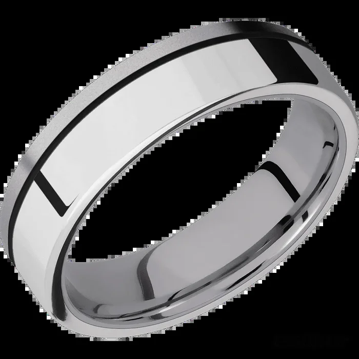 6 mm wide/Flat/Tantalum band with one 4 mm Off Center Edge inlay of Palladium Silver.