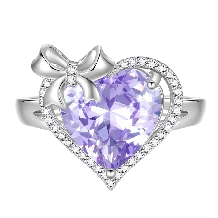 6Ct Heart Women Ring Bow Kont Ribbon 925 Sterling Silver June Birthstone Alexandrite Adjustable Ring Solitaire Jewelry Mother Valentines Birthday Gift