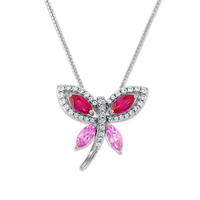6X3MM Marquise Ruby and Pink Sapphire Butterfly 18-inch Pendant in Sterling Silver