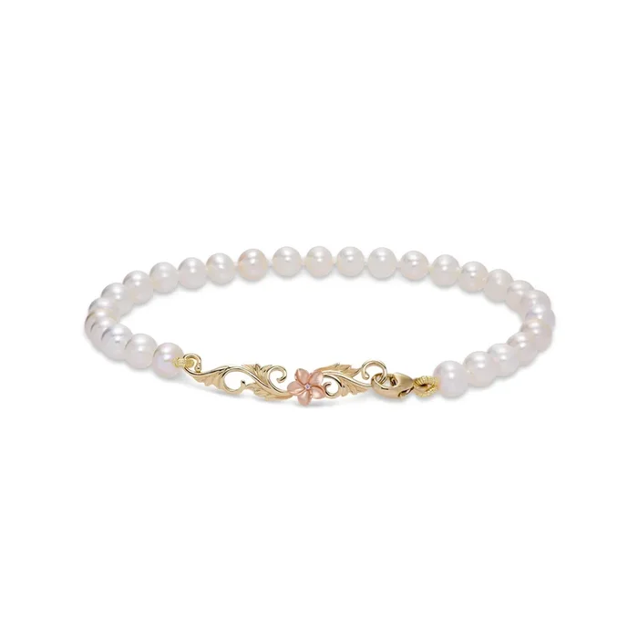7-7.5″ Hawaiian Heirloom Plumeria Freshwater White Pearl Bracelet in Two Tone Gold with Diamond