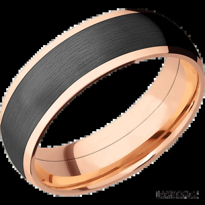 7 mm wide/Domed/14K Rose Gold band with one 5 mm Centered inlay of Zirconium.