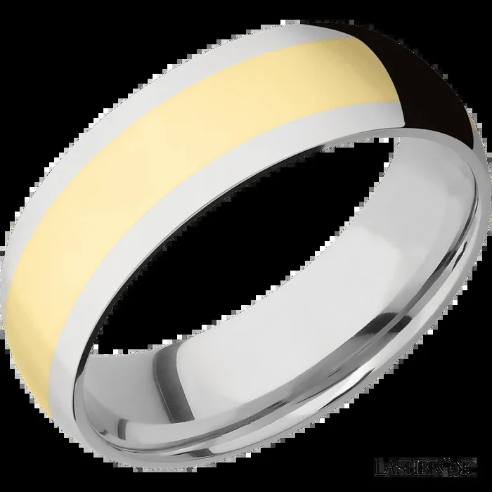 7 mm wide/Domed/14K White Gold band with one 4 mm Centered inlay of 14K Yellow Gold.