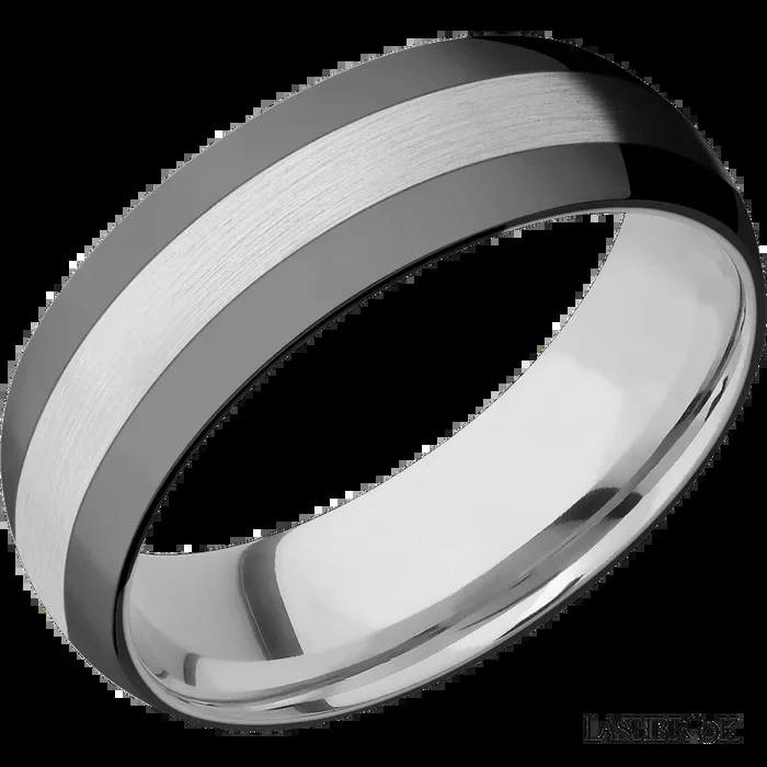 7 mm wide/Domed/Cobalt Chrome band with two 2 mm Double Off Center Edge inlays of Zirconium.