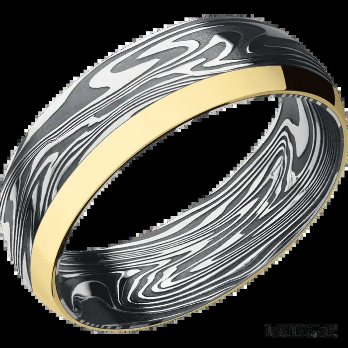 7 mm wide/Domed/Kinetic band with one 2 mm Off Center Edge inlay of 14K Yellow Gold.