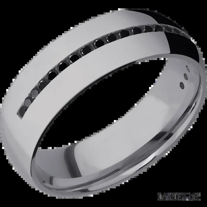 7 mm wide/Domed/Tantalum band with a Half Eternity arrangement of .015 carat Round Black Diamond stones in a Channel setting.