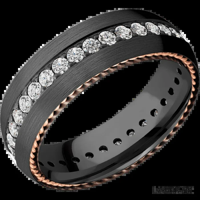 7 mm wide/Domed/Zirconium band with two 1 mm Sidebraid inlays of 14K Rose Gold and featuring an Eternity arrangement of .03 carat Round Lab Grown Diamond stones in a Bead setting