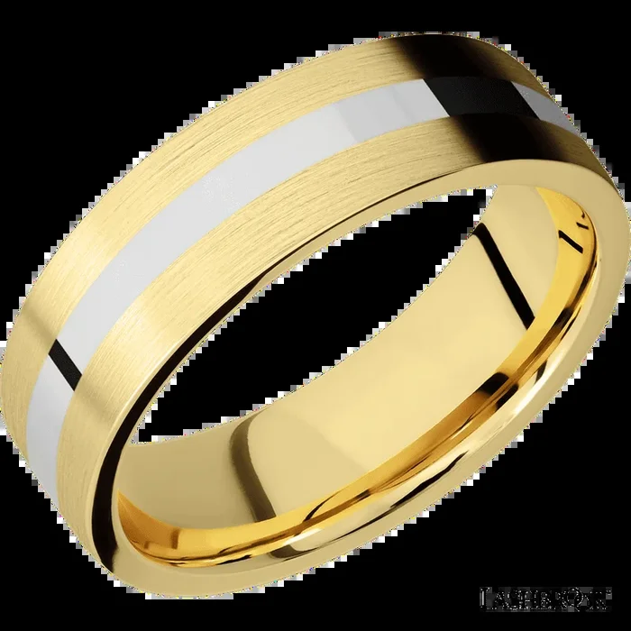 7 mm wide/Flat/14K Yellow Gold band with one 2 mm Centered inlay of 14K White Gold.