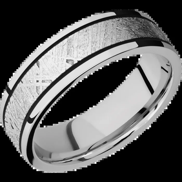 7 mm wide/Flat/Cobalt Chrome band with one 4 mm Centered inlay of Meteorite.