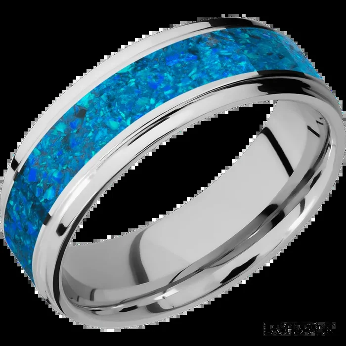 7 mm wide/Flat Grooved Edges/Cobalt Chrome band with one 4 mm Centered inlay of Blue Opal.