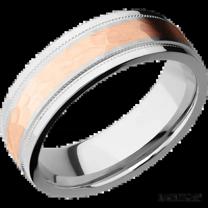 7 mm wide/Flat Stepped Edges Milgrain/Cobalt Chrome band with one 3 mm Centered inlay of 14K Rose Gold.