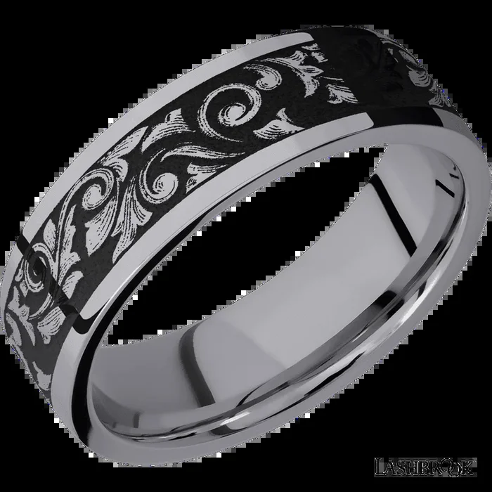 7 mm wide/Flat/Tantalum band with a laser carved Western Scroll pattern.