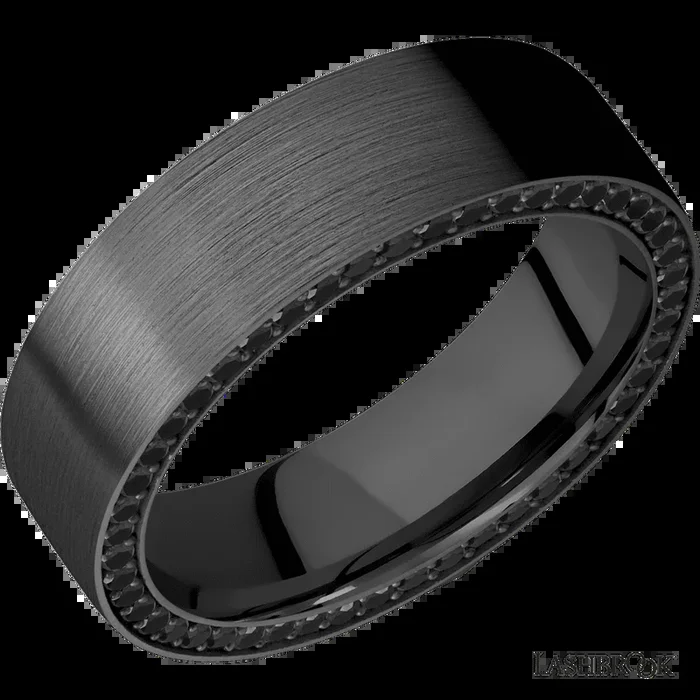 7 mm wide/Flat/Zirconium band with a Side Eternity arrangement of .01 carat Round Black Diamond stones in a Bead setting.