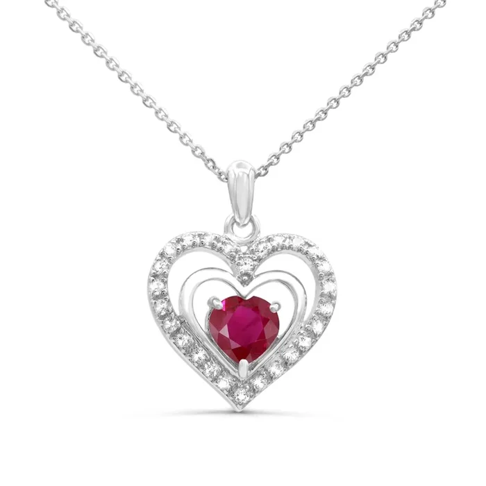 7MM Heart Shape Ruby and White Sapphire Heart 18-inch Pendant in Rhodium Plated Sterling Silver