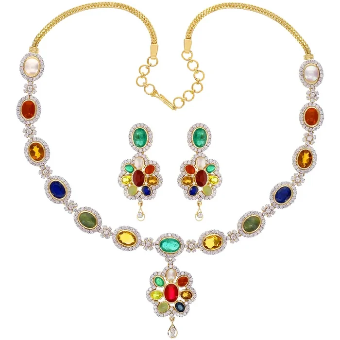 8.03Ct VS/GH Diamond Necklace Set with Navratan Gemstone in 18K Gold