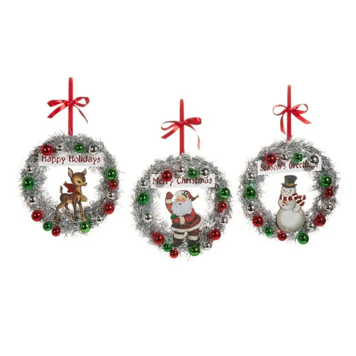 8″ Vintage Tinsel Wreath Greeting Ornament