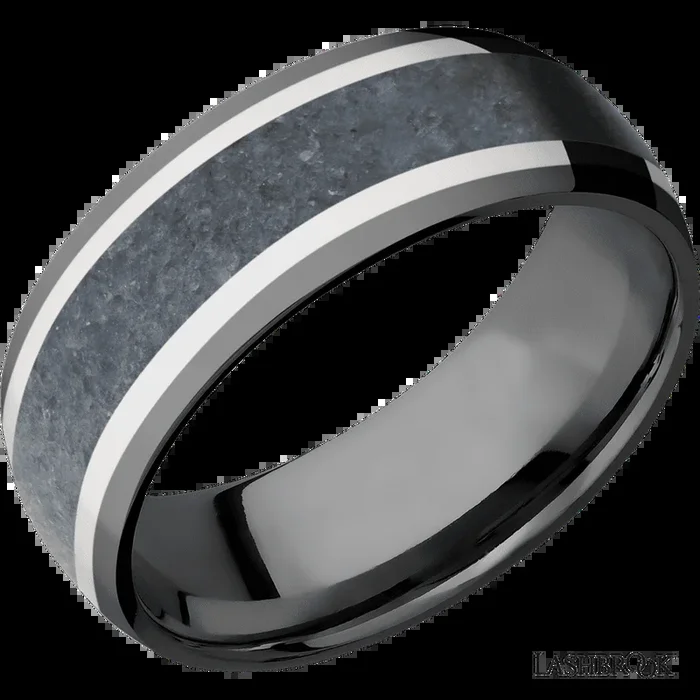8 mm wide/Domed/Zirconium band featuring inlays of 14K White Gold and Blue Sapphire.