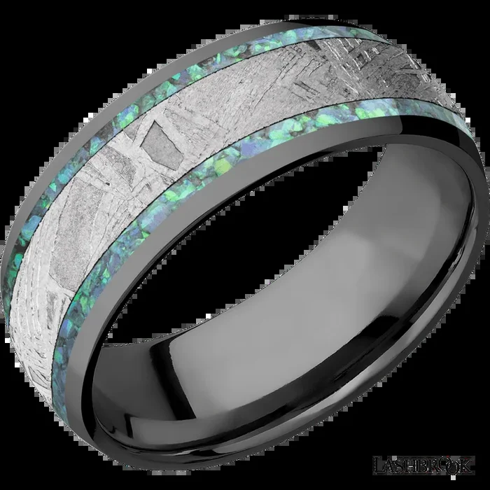 8 mm wide/Domed/Zirconium band featuring inlays of Teal Opal and Meteorite.
