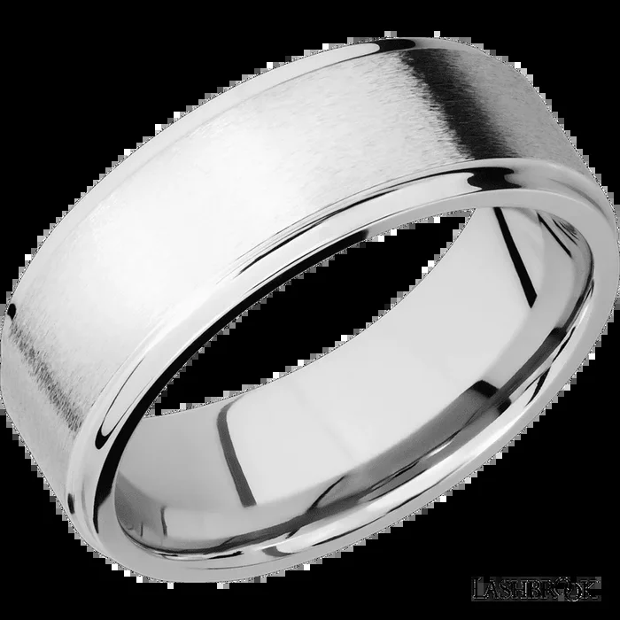 8 mm wide Flat Grooved Edges 14K White Gold band.