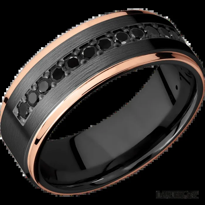 8 mm wide/Flat Grooved Edges/Zirconium band with a Half Eternity arrangement of .03 carat Round Black Diamond stones in a Bead setting and featuring two 1 mm Edge inlays of 14K Rose Gold