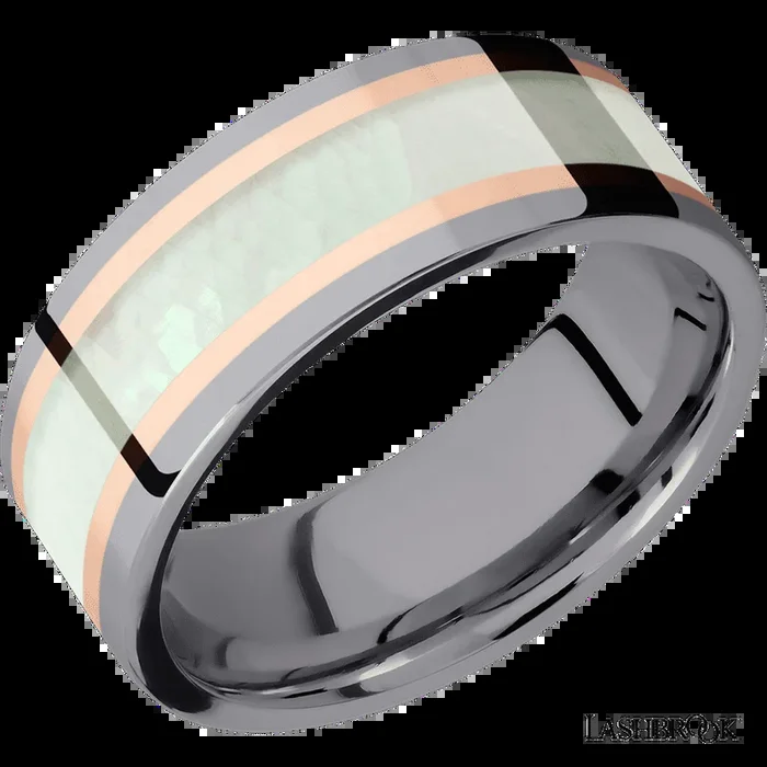 8 mm wide/Flat/Tantalum band featuring inlays of 14K Rose Gold and Freshwater Mother of Pearl.