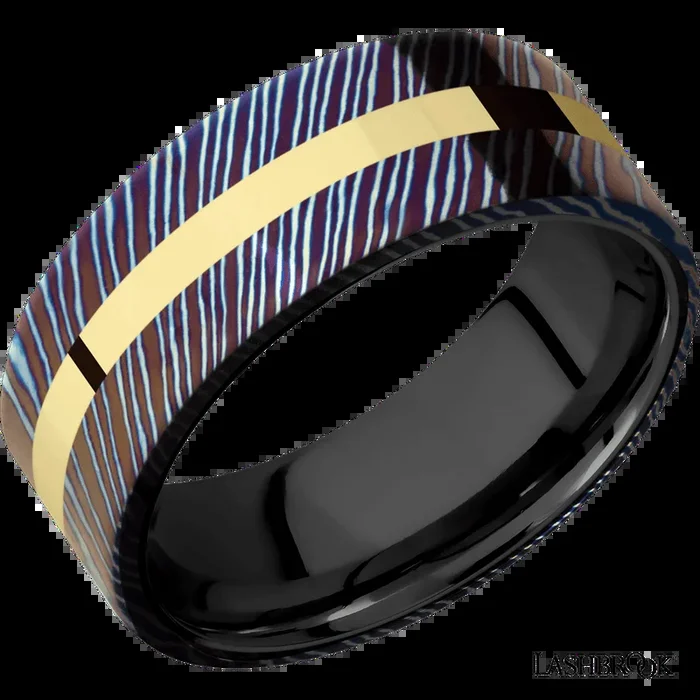 8 mm wide/Flat/Titanium Damascus band with one 2 mm Centered inlay of 14K Yellow Gold also featuring a Zirconium sleeve.
