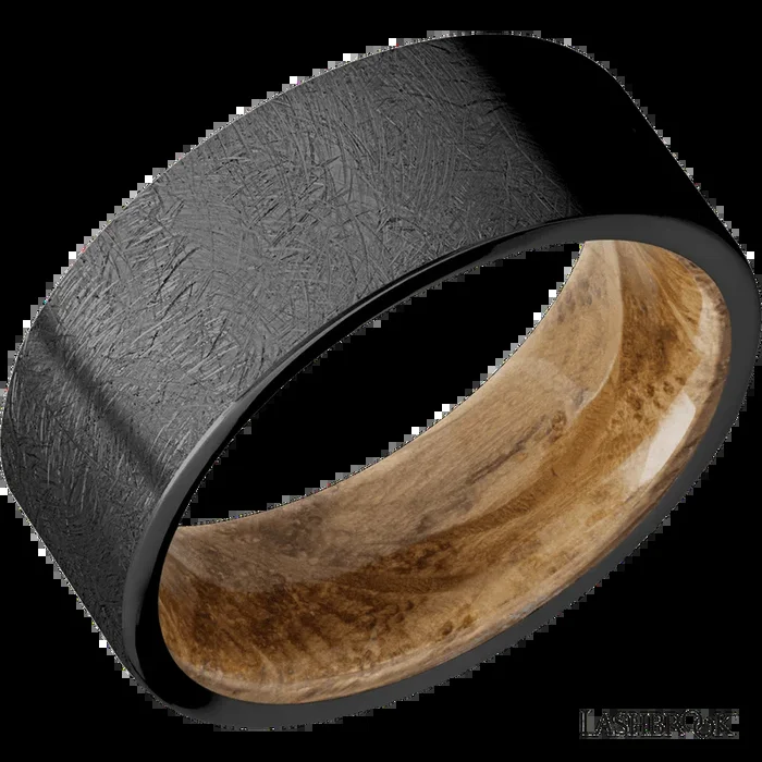 8 mm wide Flat Zirconium band featuring a Whiskey Barrel sleeve.