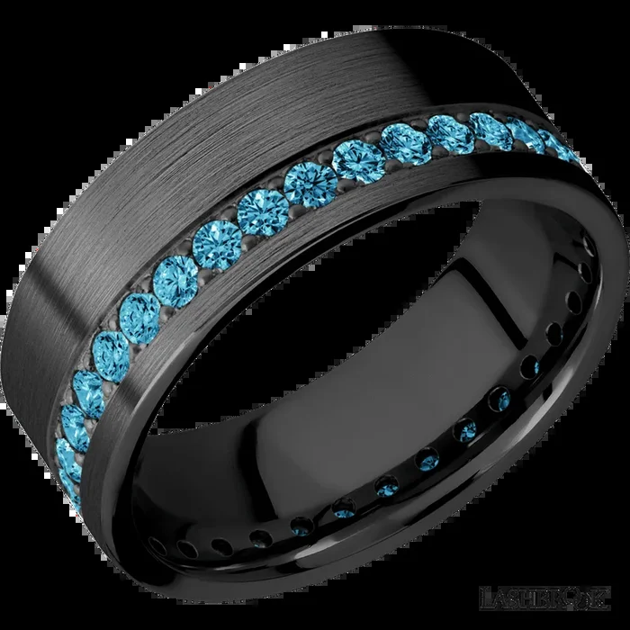 8 mm wide/Flat/Zirconium band with a Off Center Eternity arrangement of .03 carat Round Lab Blue Diamond stones in a Bead setting.