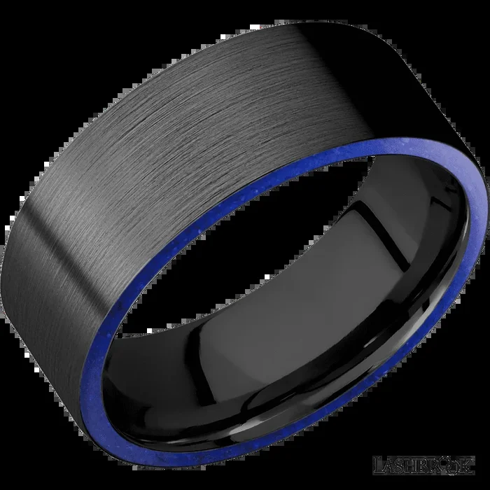 8 mm wide/Flat/Zirconium band with two 1 mm Side inlays of Lapis.