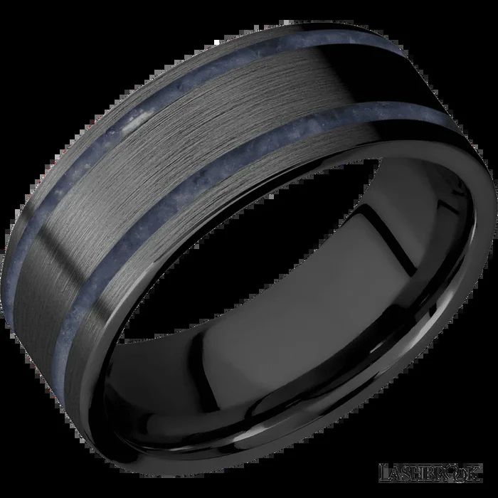 8 mm wide/Flat/Zirconium band with two 1 mm Wide inlays of Sodalite.