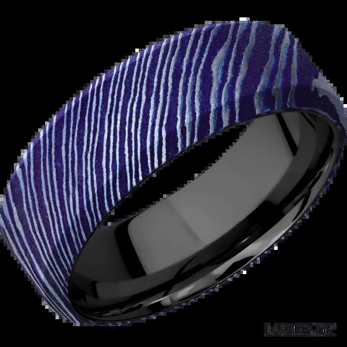 8 mm wide High Bevel Titanium Damascus band featuring a Zirconium sleeve.