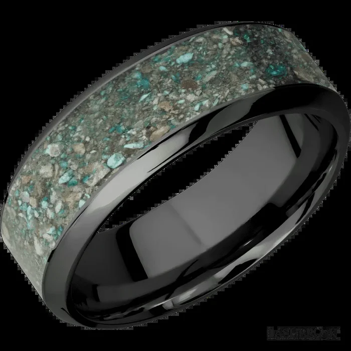 8 mm wide/High Bevel/Zirconium band with one 5 mm Centered inlay of Ocean Jasper.