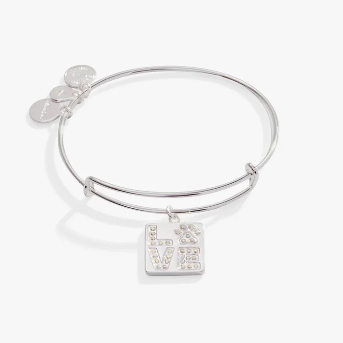 ‘LOVE’ Pave Paw Print Charm Bangle Bracelet