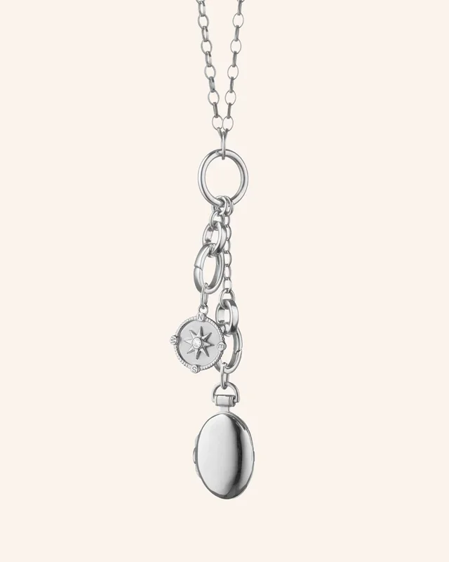 “Adventure” Compass and “Anna” Locket Necklace with White Sapphire