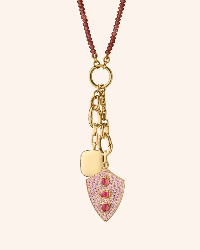 “Fearless” Shield and “Viv” Cushion Necklace with Rhodolite and Pink Sapphires