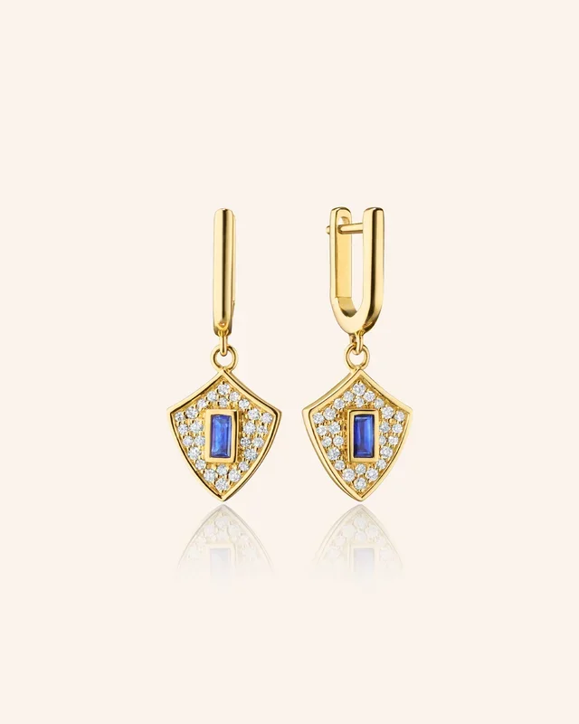 “Fearless” Shield Earrings with Blue Sapphire and Diamonds