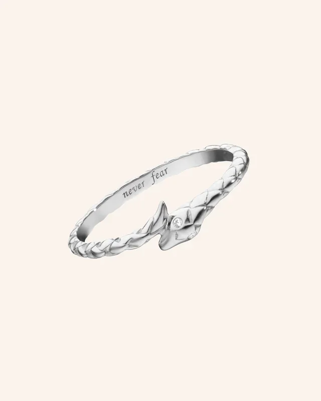 “Never Fear” Snake Poesy Slim Sterling Silver Stackable Ring