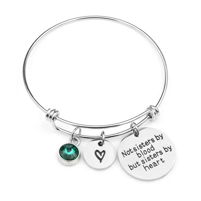 “Not sisters by blood but sisters by heart”Birthstone Bangle Bracelets Stainless Steel Charm Bracelet For Women Friendship Gift