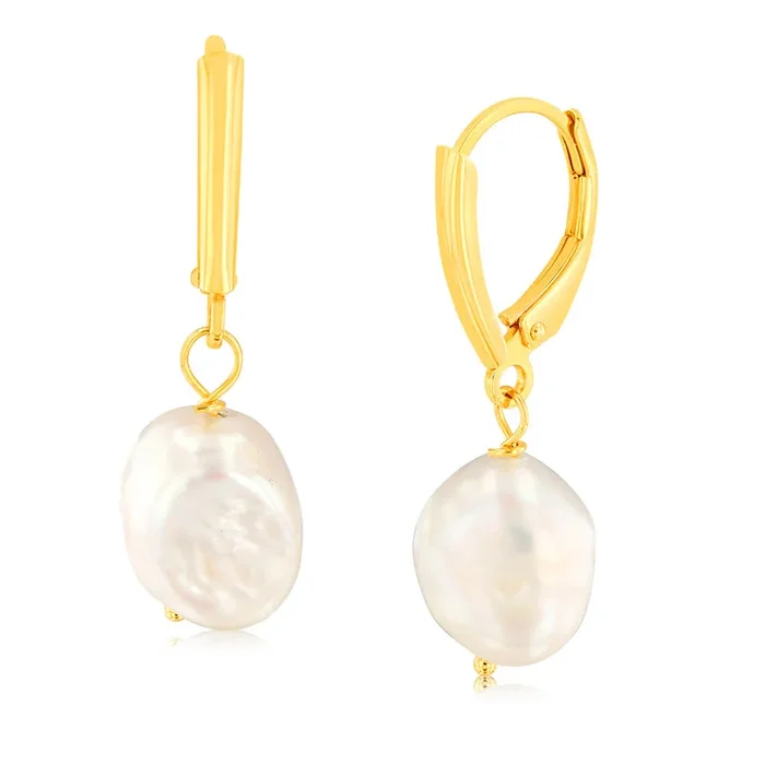 9.5mm-10.5mm White Fresh Water Pearl Drop Earrings in Gold Plated Sterling Silver
