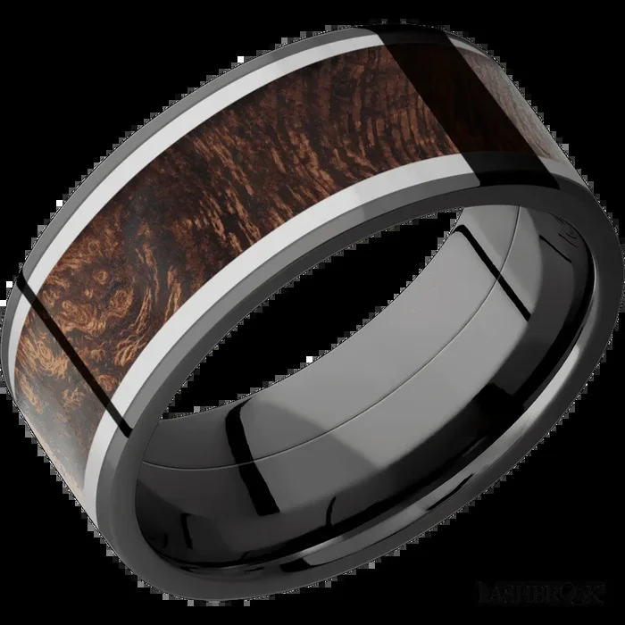9 mm wide/Flat/Zirconium band featuring inlays of Titanium and Sapele.