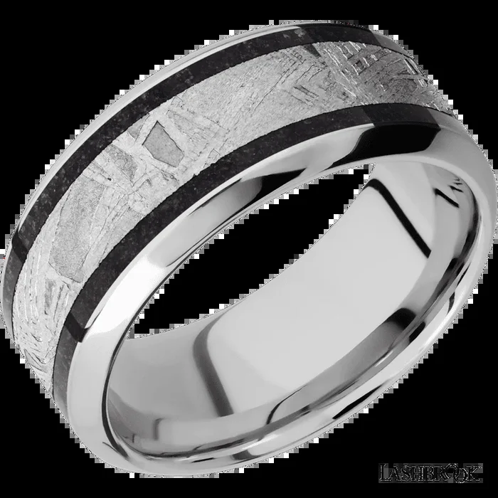 9 mm wide/High Bevel/Cobalt Chrome band featuring inlays of Dinosaur Bone Black and Meteorite.
