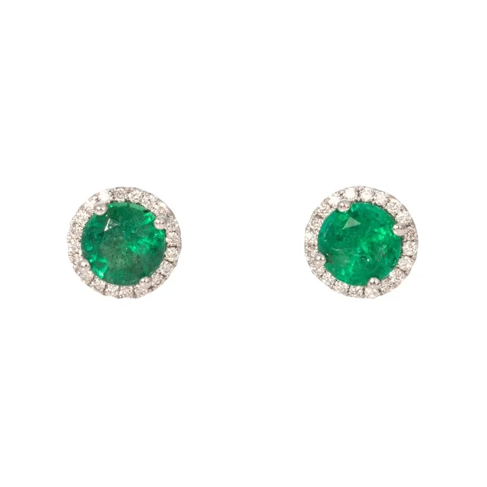 .91ctw Round Emerald & Diamond Halo 18K White Gold Stud Earrings
