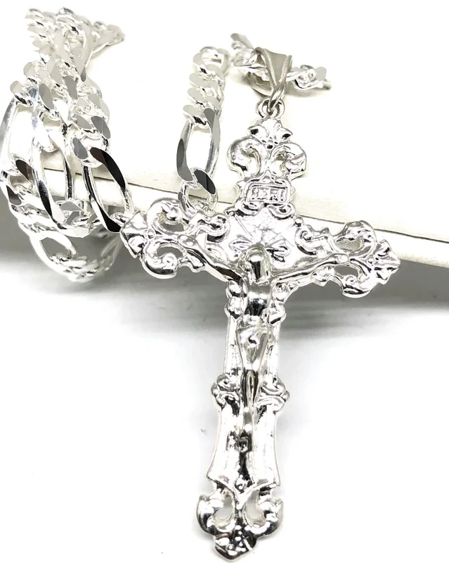 .925 Silver Filigran Jesus Cross Crucifix Pendant Necklace with Figaro Chain